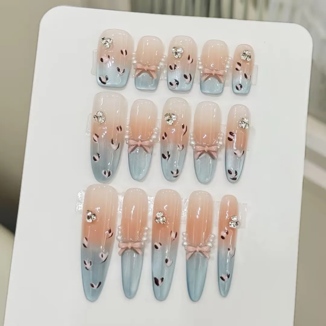 

10PCS Handmade Press On Nails,Blue Cat Eye French Style,Suitable For Festivals Parties And Daily Wear.