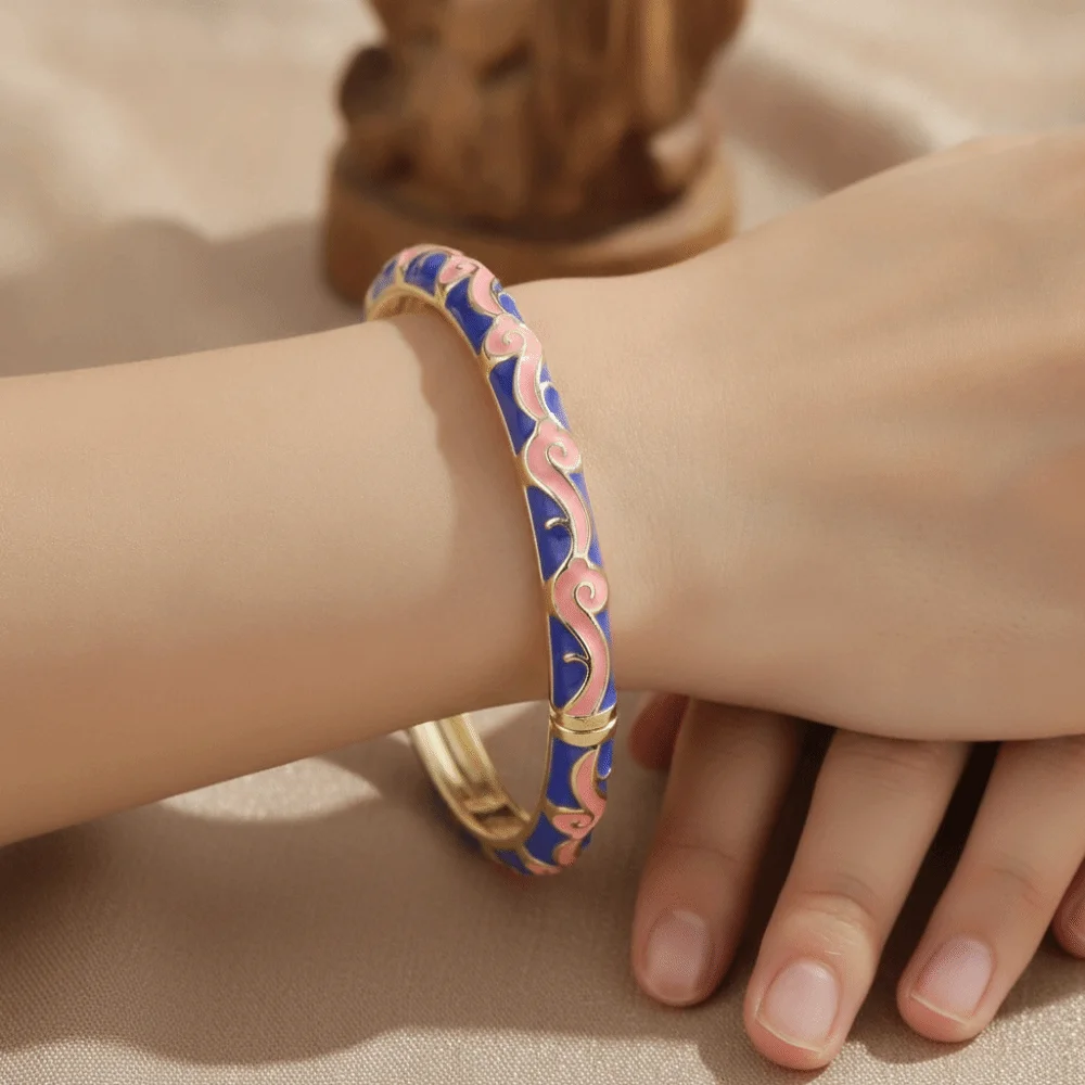 Colorful Glazed Enamel Cloud Bangle Lightweight Metal Exquisite Painting Ethnic Pattern Cuff Nickel Free Smooth Texture
