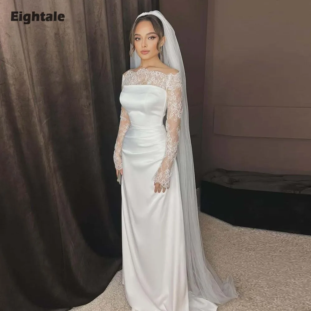 

Eighale Arabic Wedding Dresses Long Sleeves Strapless Lace Muslim Simple White Ivory Customized Mermaid Bridal Gowns