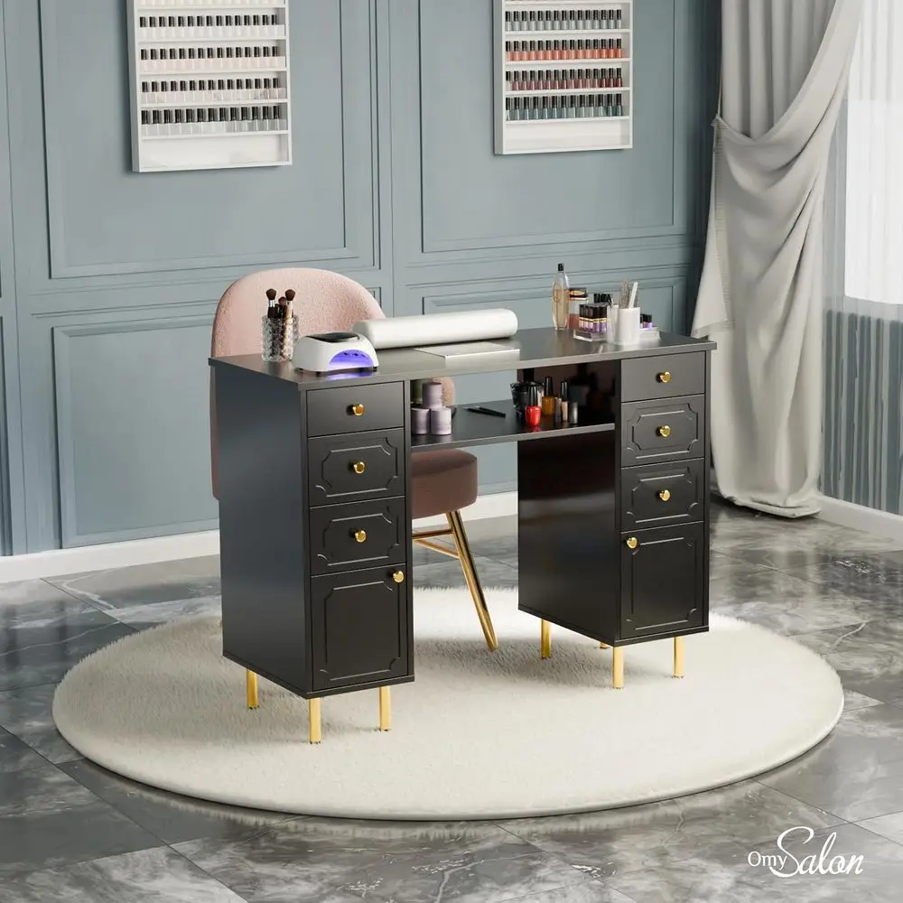Electric Dust Collector Nail Desk with Storage Drawers, Wrist Cushion, and Acrylic Resistant Surface for Professional Manicure S