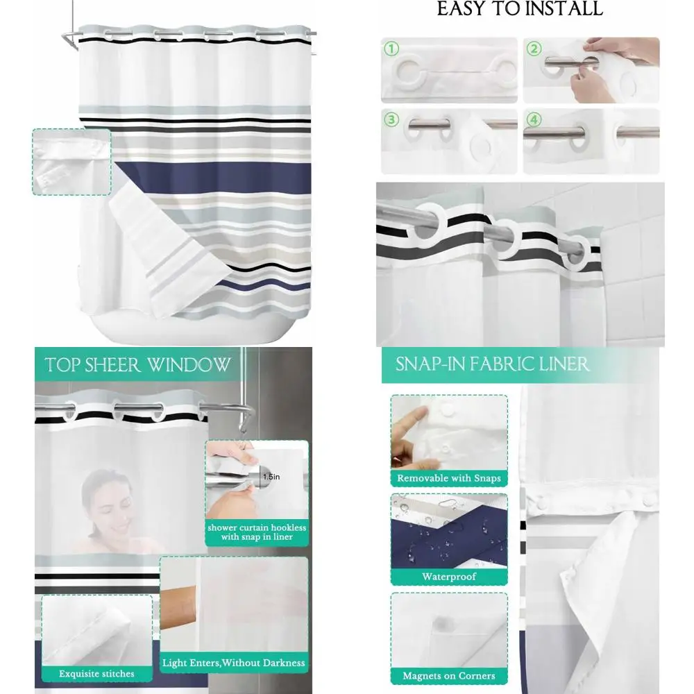 

modern waterproof shower curtain with abstract stripes and snap-in liner