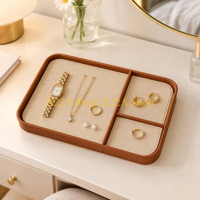 Unique 3 Compartment Valet Tray in Synthetic Leather with Stitched Construction for Wallets, Watches and Entryway Items