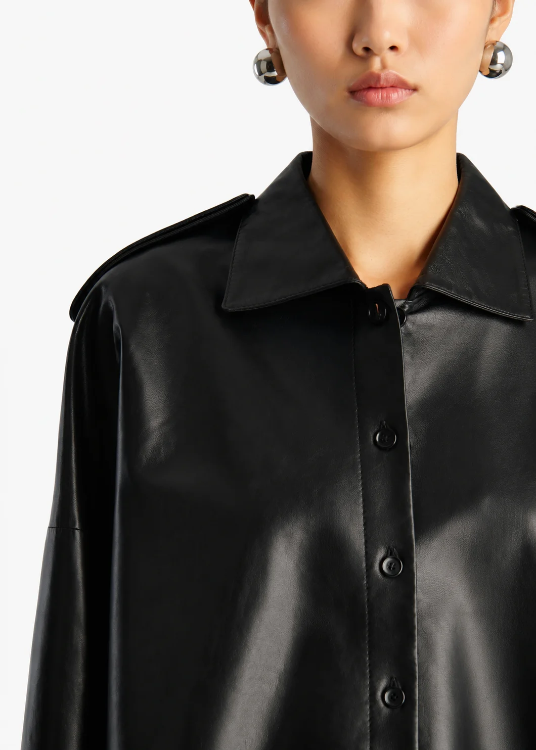 Modern Black Cropped Leather Shirt Jacket with Drop Shoulder and Button Front
