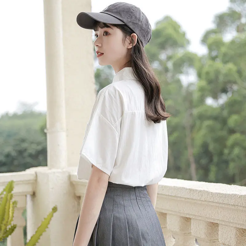 Lapel Collar JK Short Sleeve Shirt Women Casual Basic Button Blouse 3 Colors White Black Light Blue School Uniform Tops