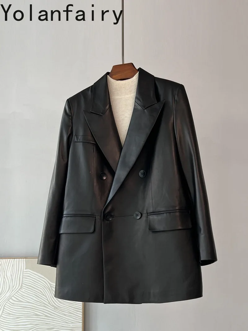YOLANFAIRY High-end 100% Real Sheepskin Genuine Leather Jacket Women 2026 Elegant Mid-length Leather Suit Coat Black Jackets