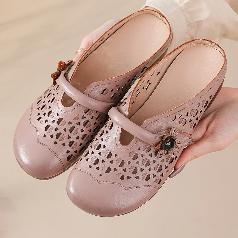 

New Vintage cutout sandals ladies elegant real leather mules shoes for women round toe hollow sandals big size 42 43 woman flats