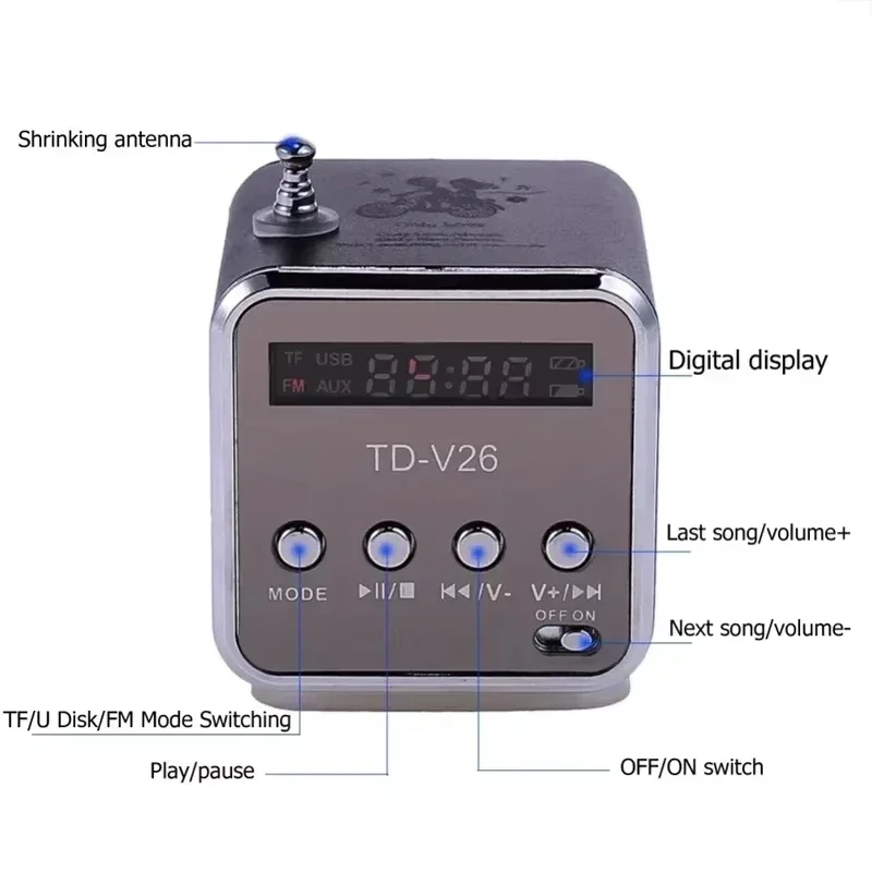 TD-V26 مكبر صوت صغير محمول TF بطاقة راديو FM AUX ستيريو مشغل موسيقى سمّاعات بلوتوث لحفلة المظهر العالي في الهواء الطلق