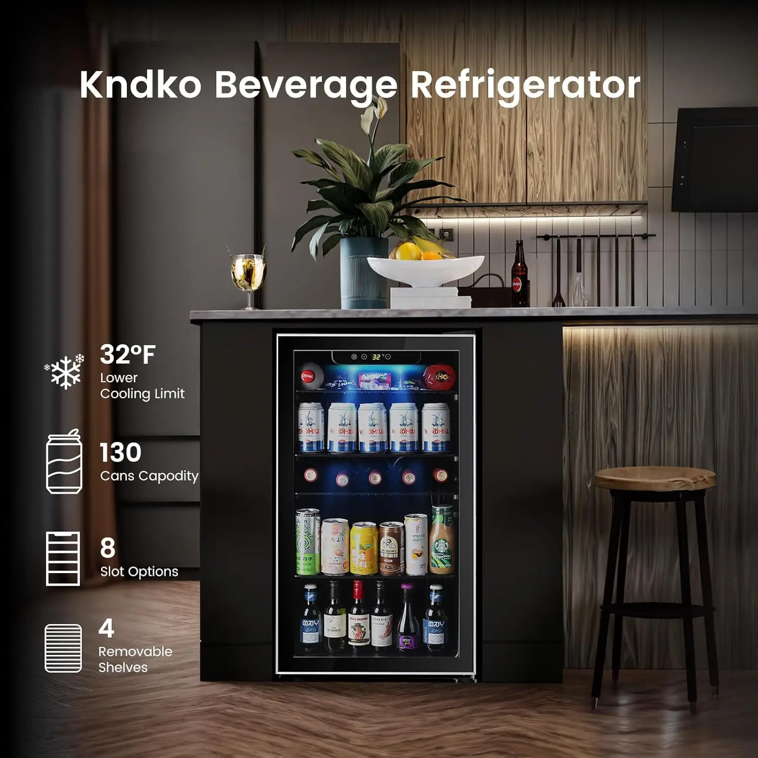 Mini Beverage Refrigerator and Cooler - 130 Can Mini Fridge with Glass Door, Digital Temperature Control, LED Light,