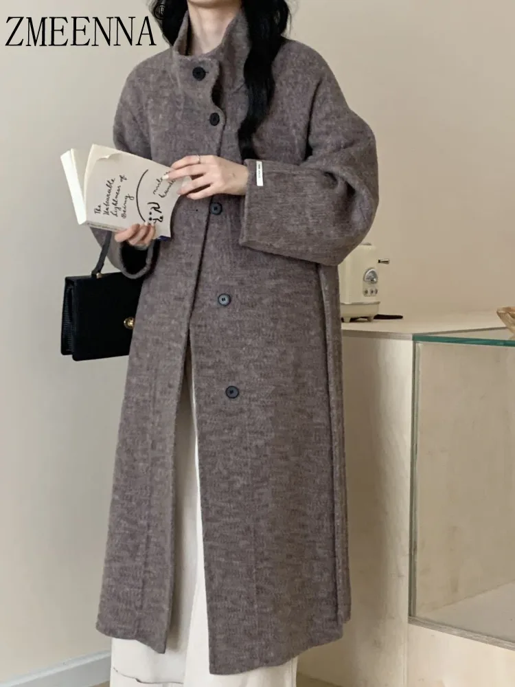 

ZMEENNA Womens Chic Boucle Wool Blend Long Coat Stand Collar Single Breasted Winter Outerwear Warm Maxi Length Jacket ZM3444