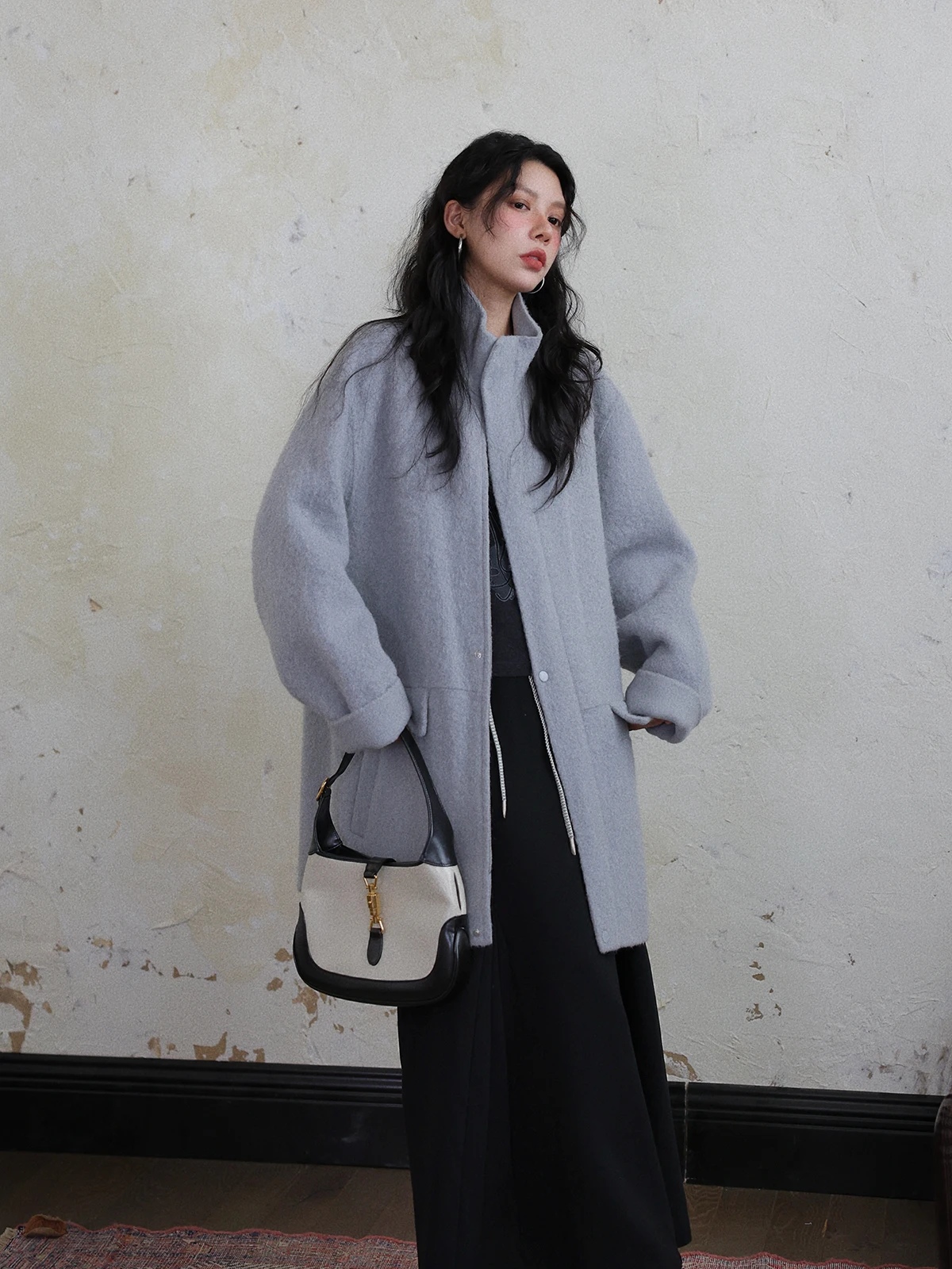 

Пальто женское DR Premium Quali Cus-Dyed из двусторонней шерсти альпаки, синее, с воротником-стойкой, зимнее