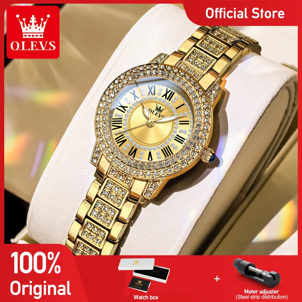 OLEVS 9943 Womens Watch Original Elegant Quartz Wristwatch Inlaid Zircon Dial Waterproof Ladies Watch Gifts Box Bracelet Set New