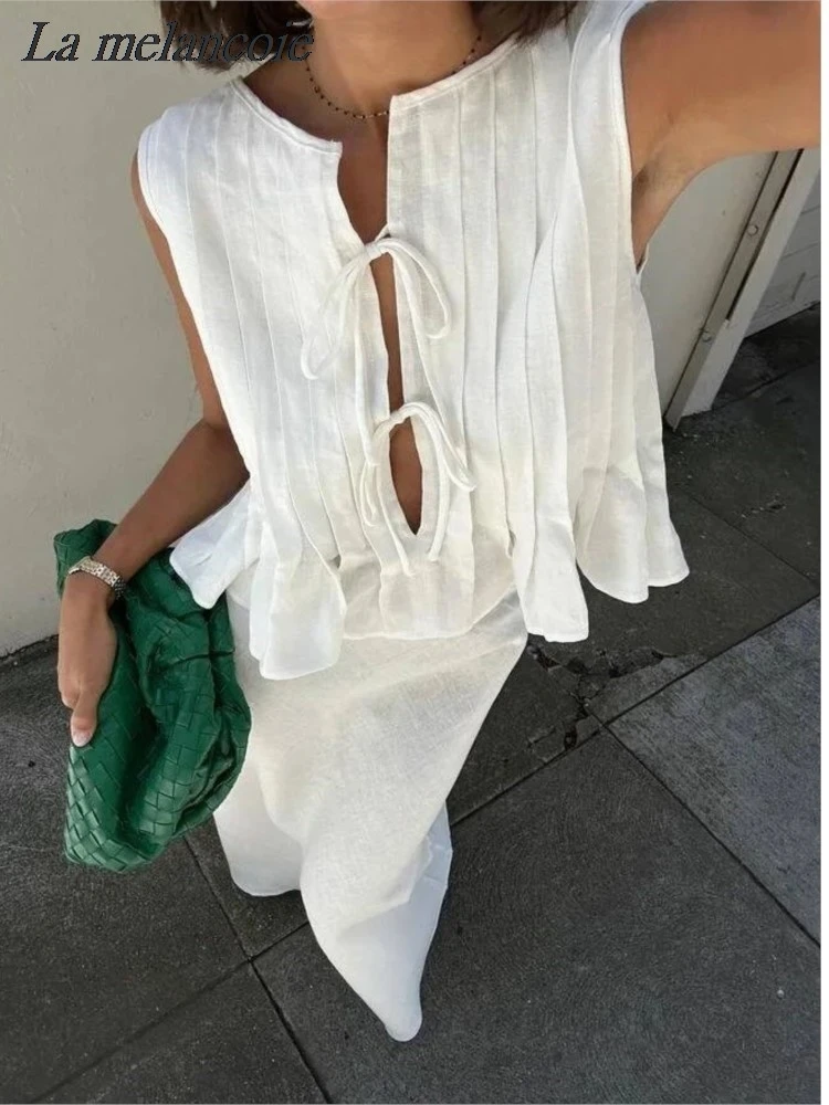 Cotton Linen White Shirt For Woman Folded Ruffles Lace Up Bow Shirts+Long Skirt Summer 2024 New Fashion Casual Sleeveless Tops