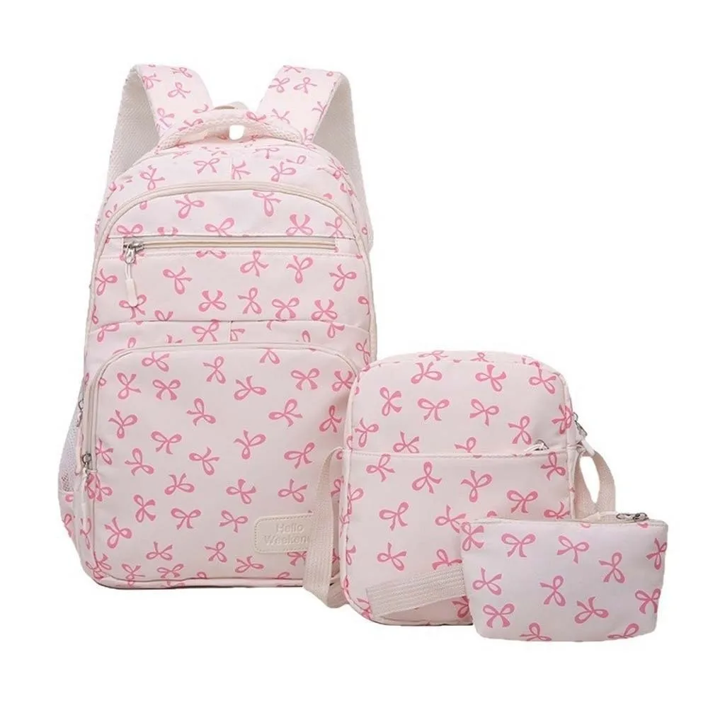 

Daypack Three-piece School Bag Set Casual with Pen Bag Nylon Bow Backpack Large Capacity Contrast Color Students School Bag