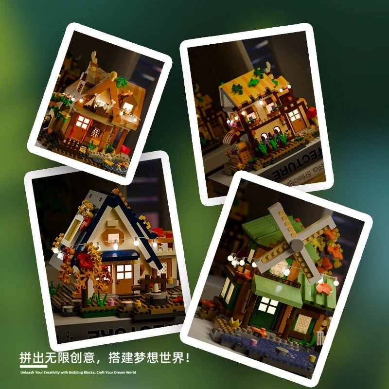 Micro Building Block Foresta Treehouse Mulino a vento Cabina Modello Kit Assemblaggio Giocattolo Decorazione da scrivania Regalo per bambini Adolescenti Compleanno Natale
