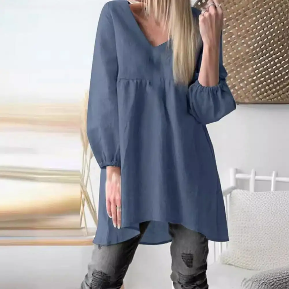 

Lantern Sleeve Top Solid Color Pullover Tops Stylish Women's V-neck Pleated Lantern Sleeve Shirt in for Streetwear for Everyday