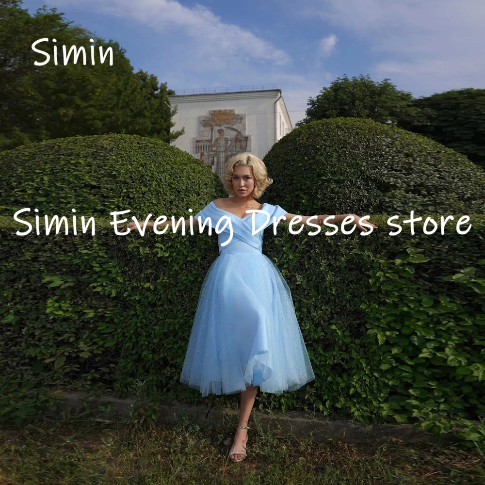 

Simin Satin A-line Off-the-shoulder Neckline Ruffle Prom Gown Tea-length Evening Elegant Party dresses for women 2023