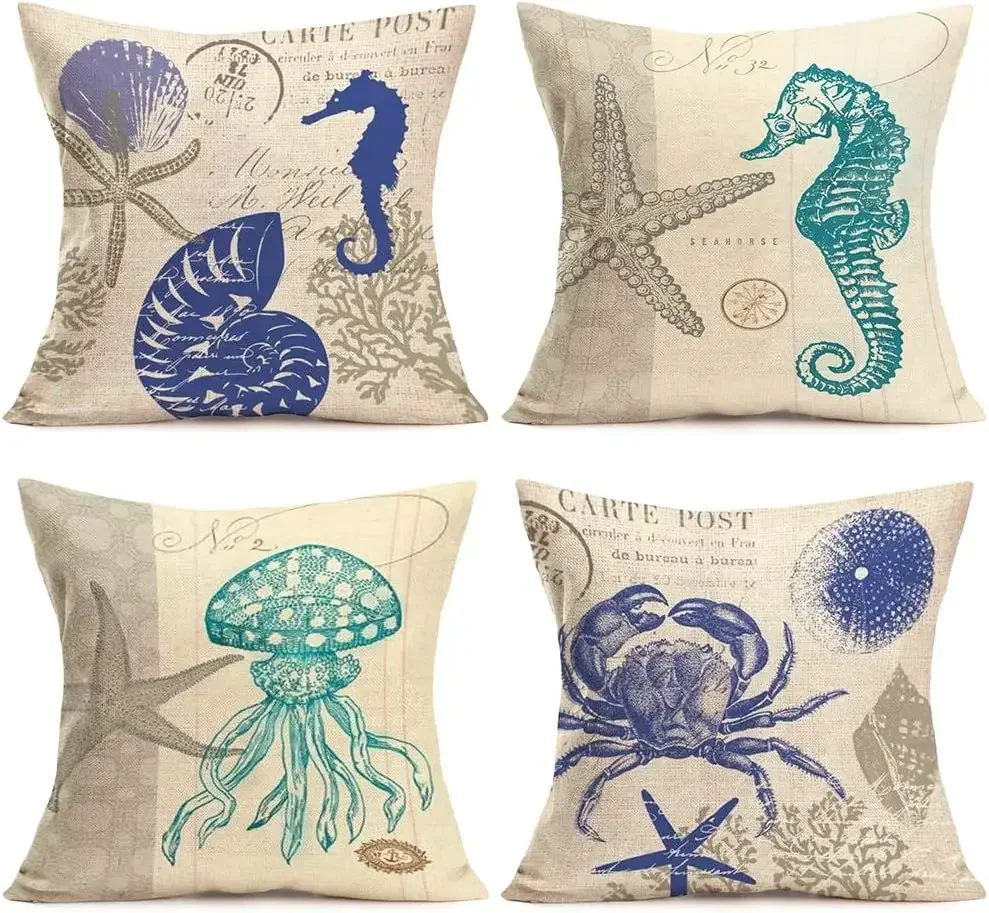 Sea Animal Theme Decoration Pillow Cover Starfish Seahorse Retro Pillowcase Sofa Cushion Cover  pillowcase 50*50 decor