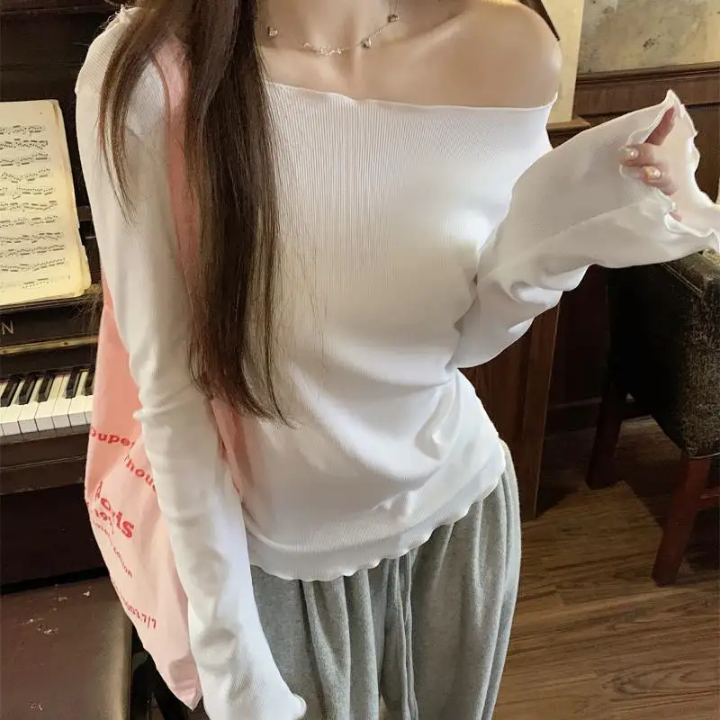 Fall 2024 New Sexy Style Selvedge Boat Neck Solid Color Long Sleeve T-shirt Irregular Design Comfortable and Soft All-match