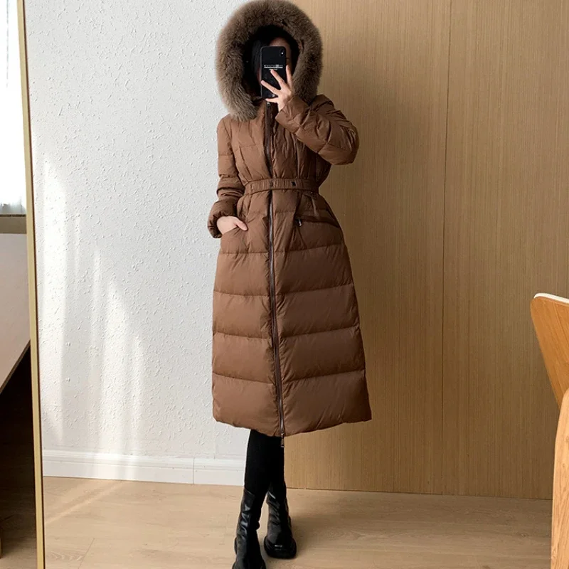 New Winter Women Large Real Fox Fur Collar Hooded Down Jacket Long Luxury High Waist Puffer Coat Thick Warm Windproof Snow Parka