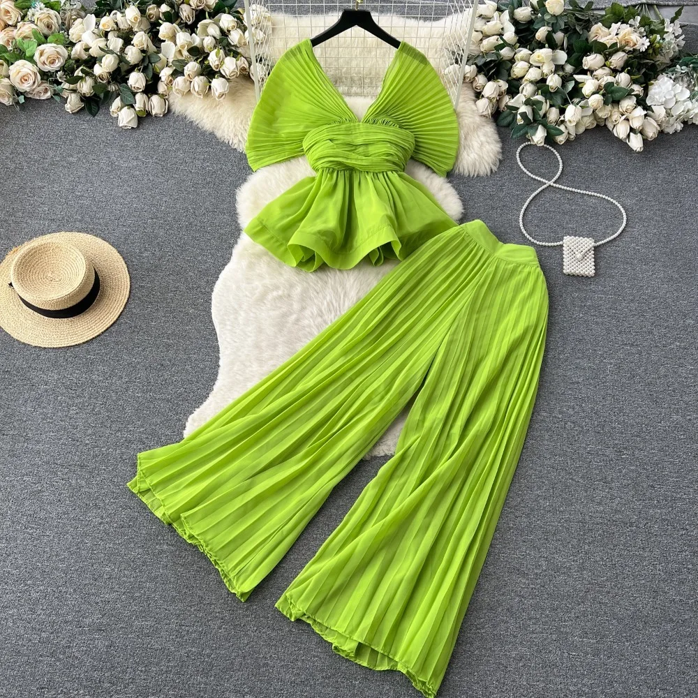 Fresh Elegant Chiffon Ruched Off Shoulder Sets Shirt Loose High Waist Wid Leg Pants Summer Fashion Suits Ruched Trousers