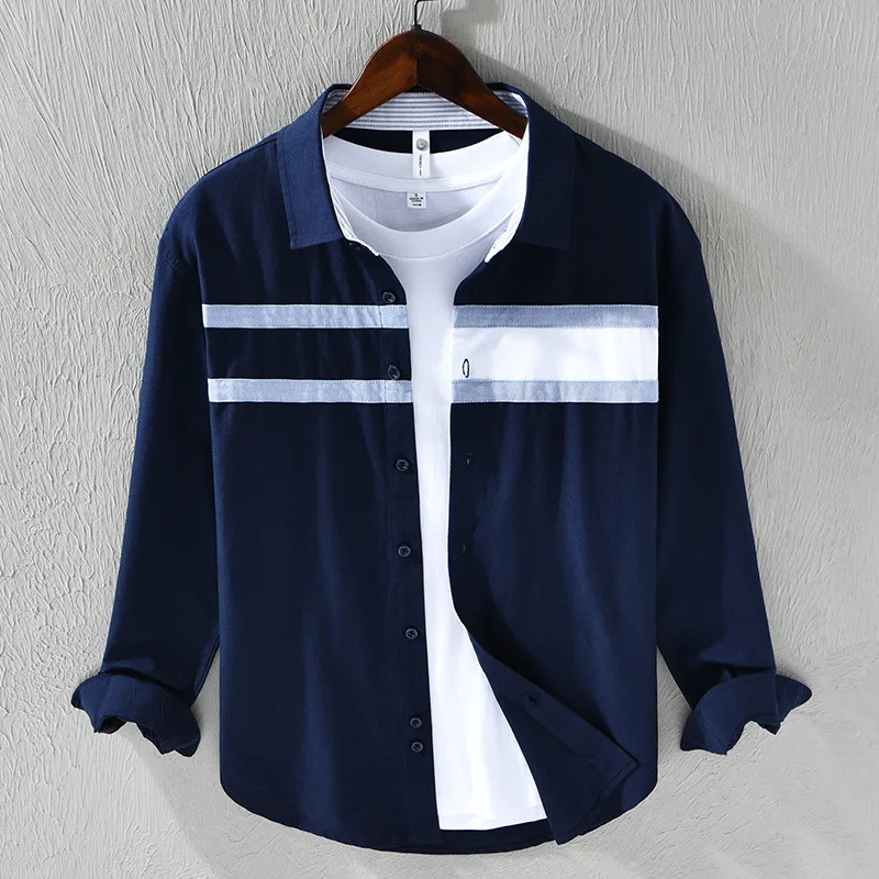 

Japan Style Mens Long Sleeve Shirts Spring Summer Daily Casual Pure Cotton Shirt Stripe Patchwork Shirt Youth Fashion Oxford Top