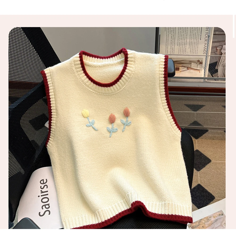 

Flower Embroidery Sleeveless Knitted Vest For Women's Outerwear O-Neck Elegant Floral Print Pullover Fashion Girls Tank Top