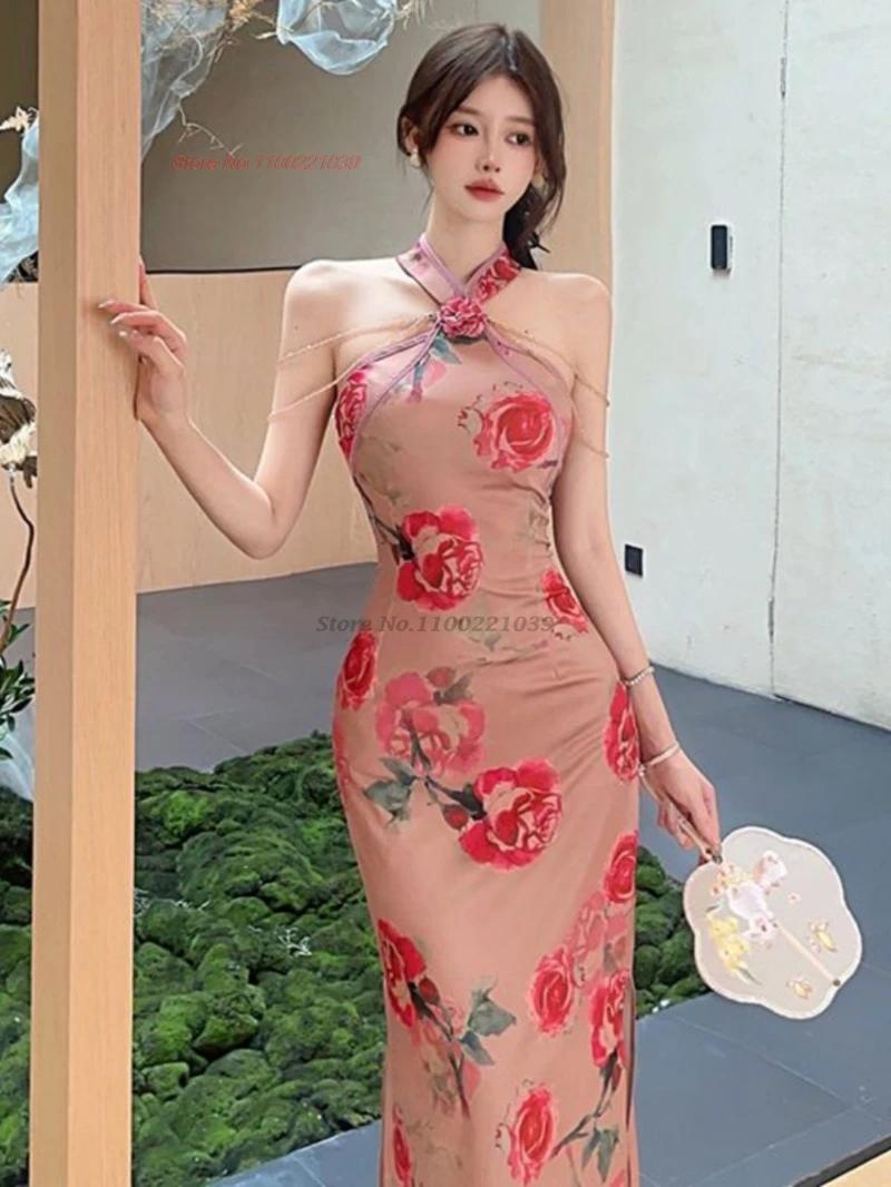 

2026 chinese sexy dress traditional flower print sleeveless cheongsam evening dress sexy nightclub qipao banquet party dress