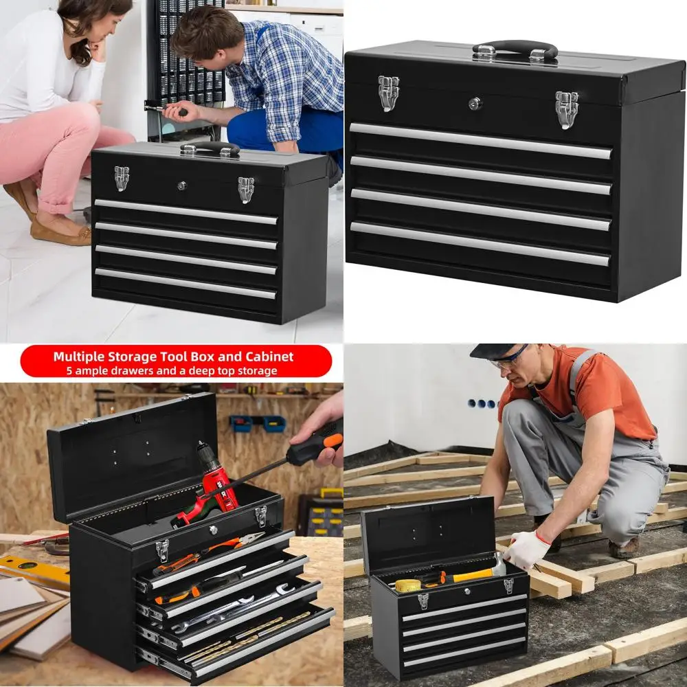 

Портативный стальной ящик для инструментов с 4 ящиками и цилиндровым замком, идеально подходит для гаража, мастерской и ремонтных работ на открытом воздухе (черный)