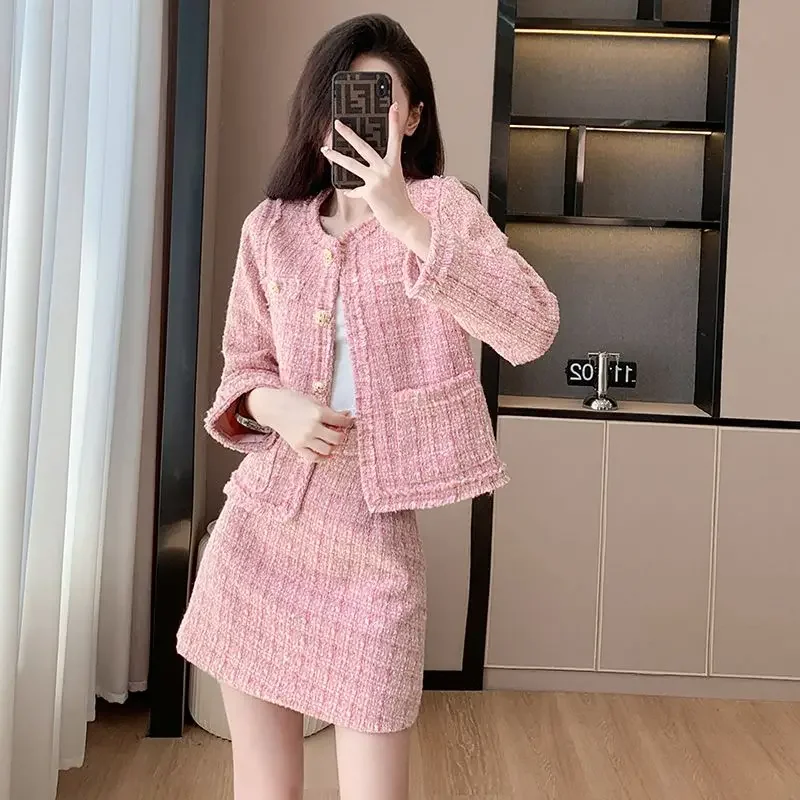 UNXX Autumn Tweed Skirt 2 Piece Set Korean Single Breasted Wool Blend Crop Coat Conjuntos Fashion A-line Woolen Mini Skirt Suits