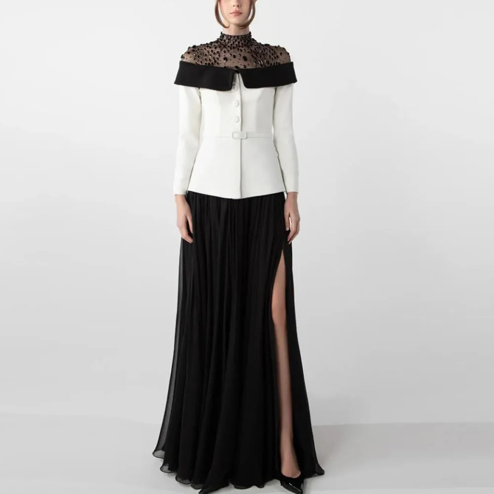 Personalizado elegante vestidos de noite crsytal gola alta mangas completas vestido de noite uma linha fora do ombro vestidos de fiesta