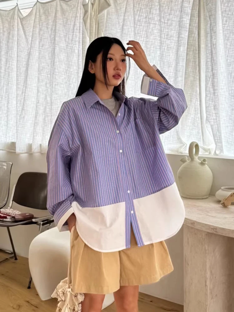 シックな秋の新作ルーズ長袖ストライプシャツレディースカジュアルクラシックカラーカラーブロックデザイン通勤スタイル韓国版
