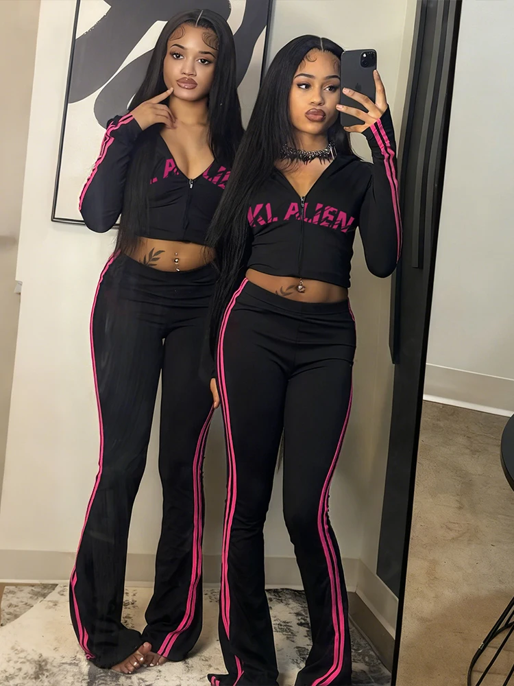 Casual Tracksuit 2 Piece Set Woman Letter Print Full Sleeve Hooded Jacket+Stripe Patchwork Long Pants Sporty Style Outfits - view 2