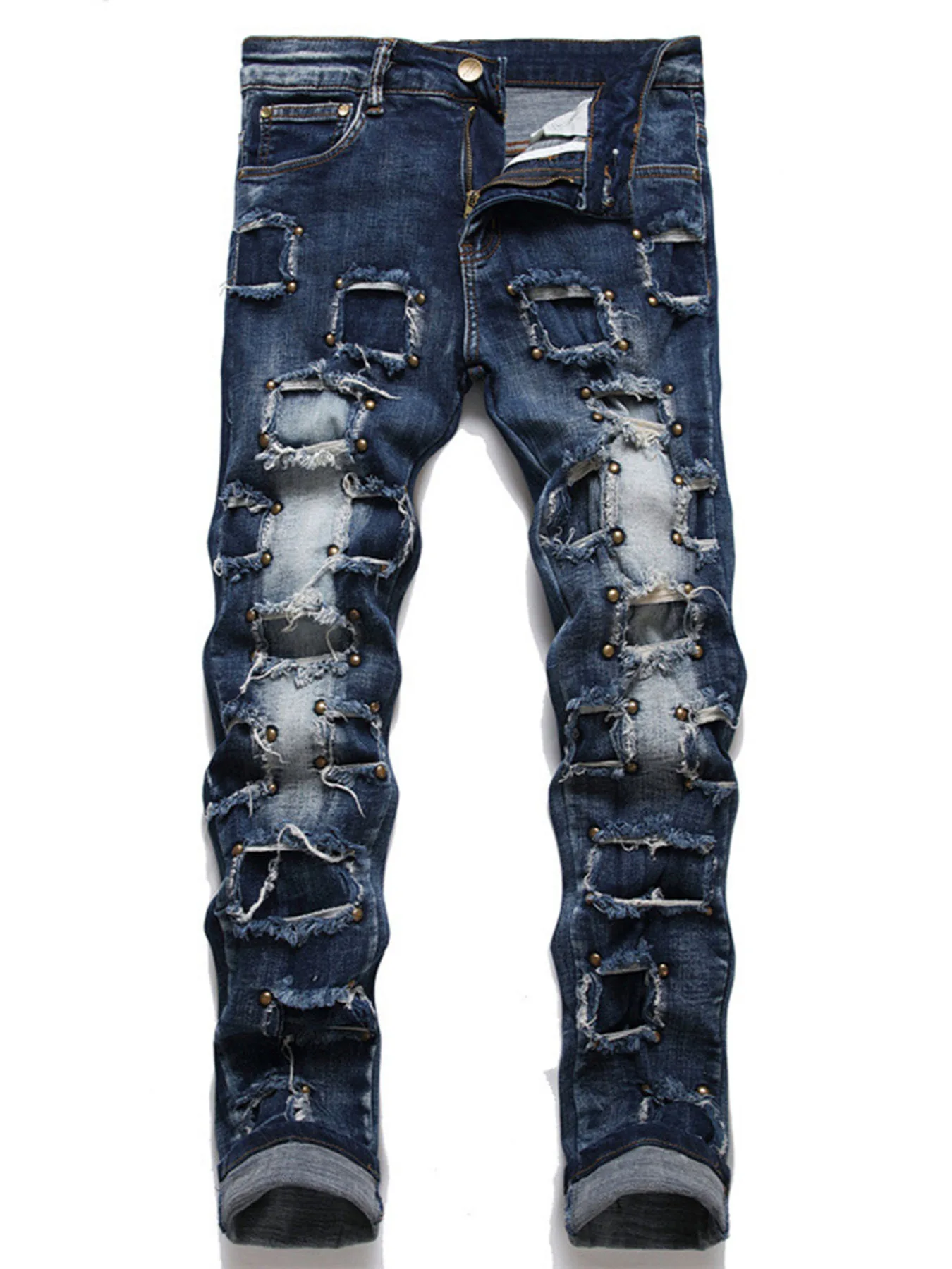 

New punk men's jeans with nail beads, multiple holes, patchwork, beggar style, men's fashion, street personality, small straight