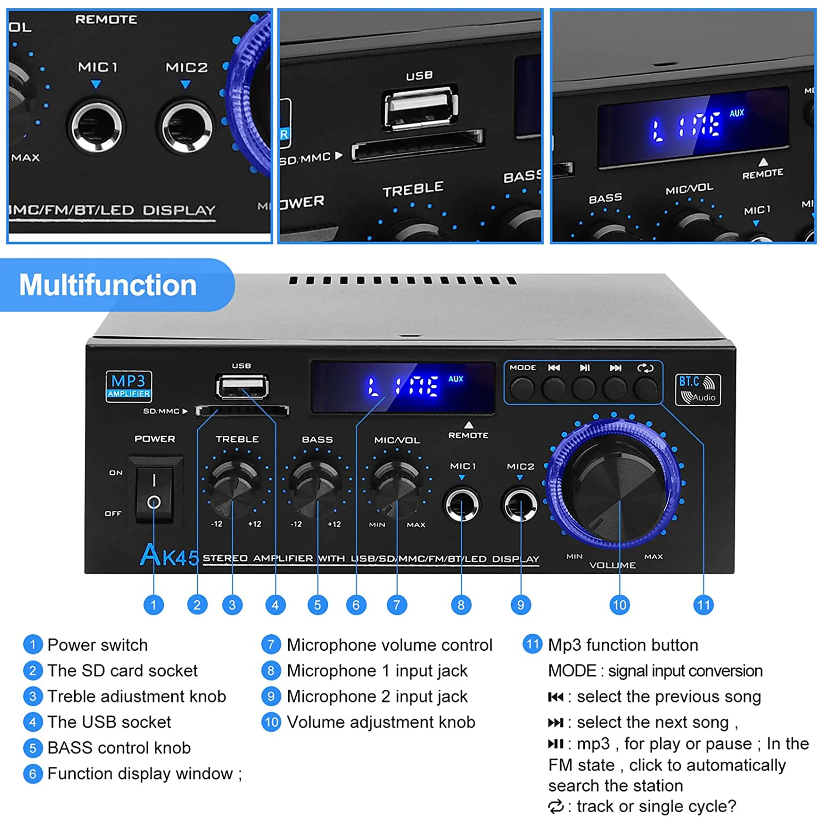 AMPLIFICADOR DE POTENCIA DE Audio AK45 con micrófono, Control de graves agudos, amplificador estéreo HiFi, altavoces pasivo para exteriores y el hogar, 1
