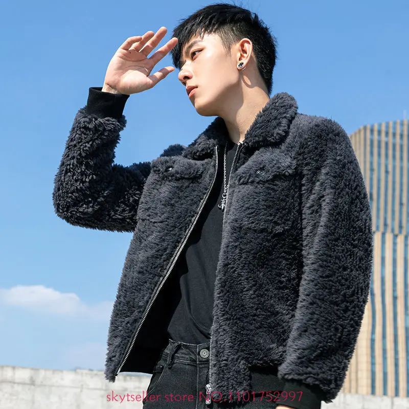 

2022 Autumn Winter Men New Fashion Sheep Shearing Coats Male Genuine Lamb Fur Jackets Men Short Lapel Real Fur Overcoats N37