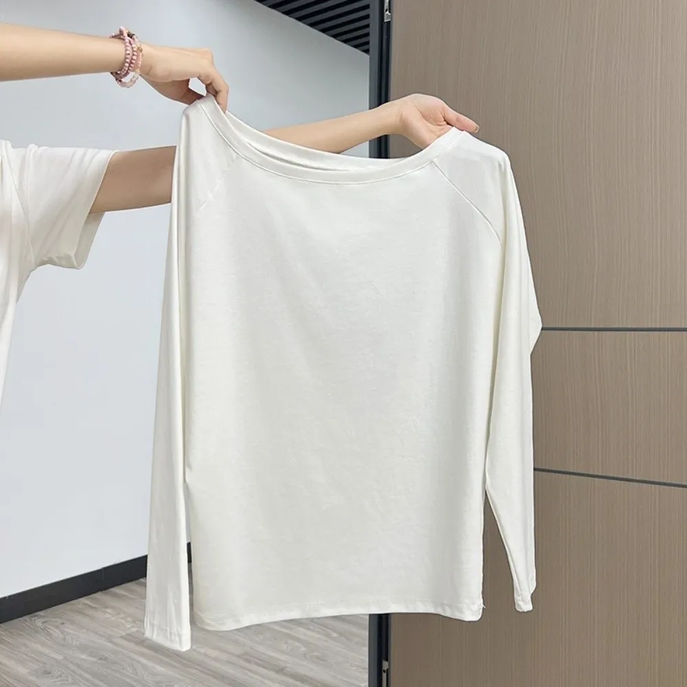 Lässiges Herbst-Winter-Oberteil mit einer Schulter, langen Ärmeln, einfarbig, schulterfreies T-Shirt, Oversize-Basis-T-Shirt für Jugendliche – Detail 12