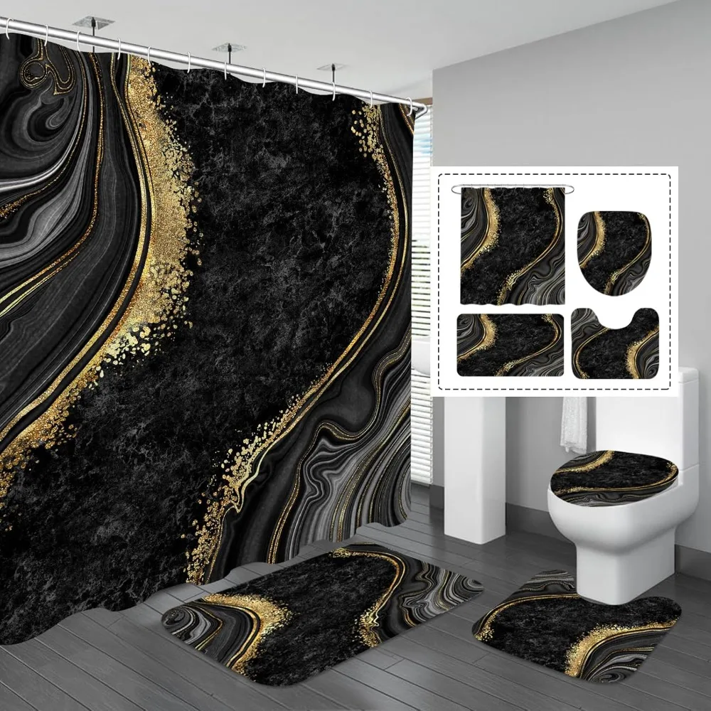 

4 Pcs Luxury Marble Shower Curtain Set with Non-Slip Rugs, Toilet Lid Cover and Bath Mat, Black Gold Bathroom Decor Set