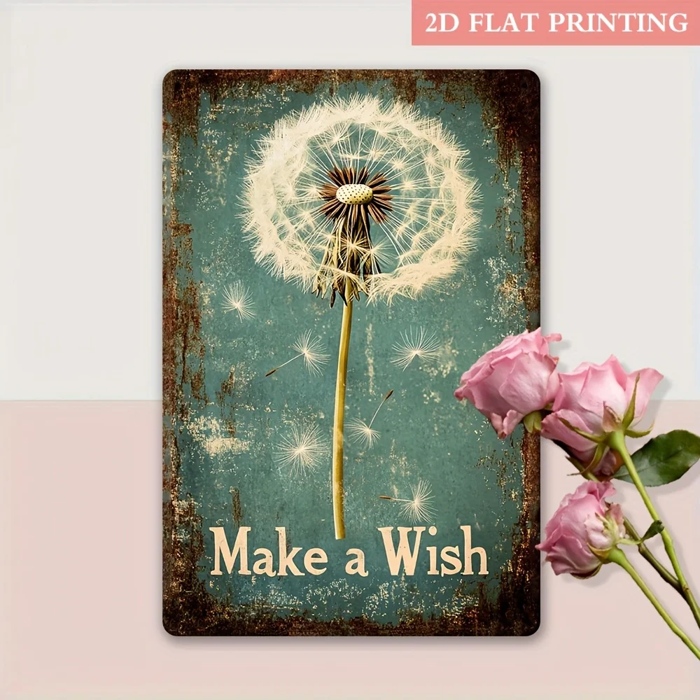 2D Flat, 2D Flat Wooden Sign - A 2D Flat Wooden Sign Featuring a Vintage Dandelion Wish Design. This Wooden Sign Displays a Rust