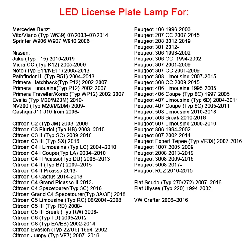 Fits For Benz Sprinter Vito/Viano For Nissan Citroen Peugeot Fiat VW White LED  License Plate Light Number Plate Light