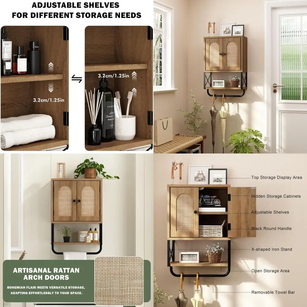 

Over-the-Toilet Storage Cabinet with Arched Rattan Door, Rustic Oak Finish, Small