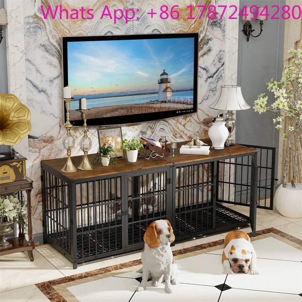 Large Wooden Dog Crate Indoor Furniture Style Elevated Pet Dog Cage Lattice Playpen with 3 Doors Removable Tray