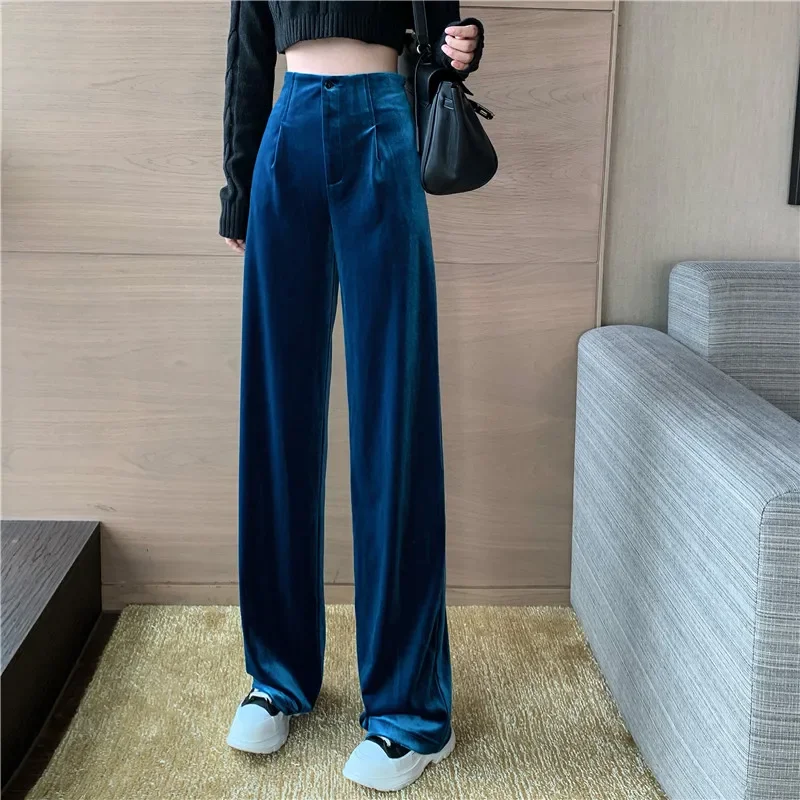 2022 Winter Velvet Elegant Pants Women Solid Casual Korean Style Wide-legged Pants Loose Casual Designer High-waist Trousers New