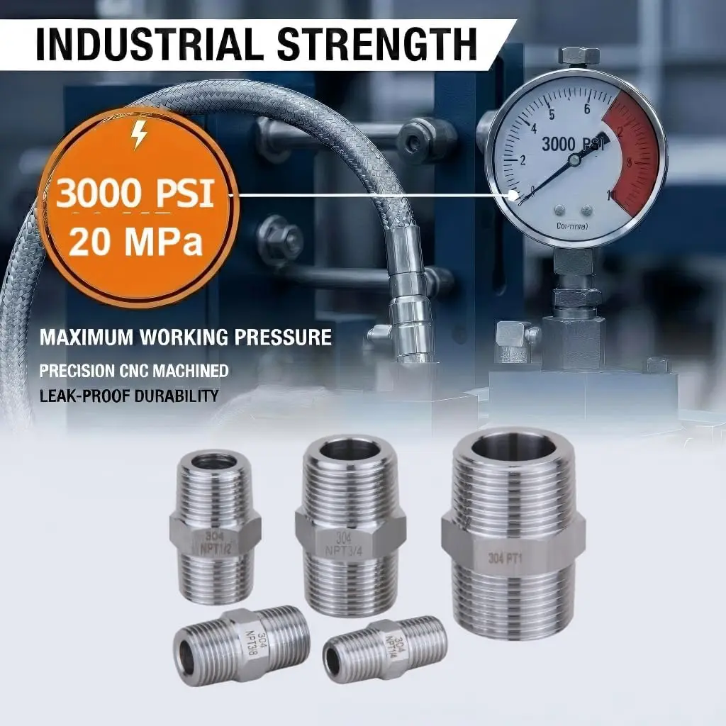1/8" 1/4" 3/8" 1/2" BSP NPT Male To Male Hex Nipple Coupling 304 Stainless Steel Pipe Fitting Adatper High Pressure Connector - view 3
