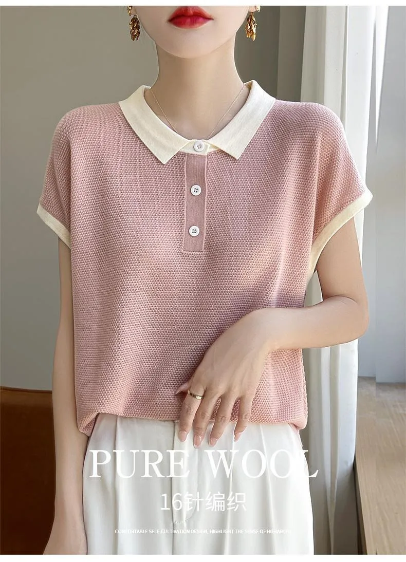 Women Summer Sweater Polo Neck Korean Fashion Short Sleeve Tee Pullover Loose Casual Ice Silk Female Outwear Clothing view 5