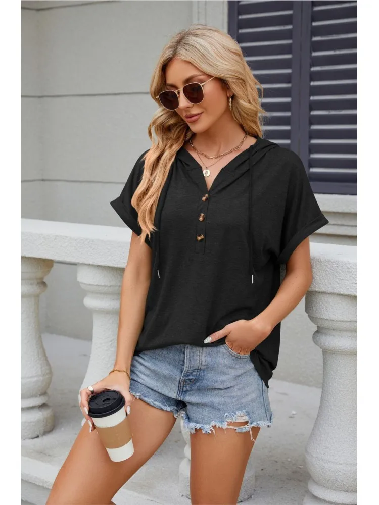 

New T-shirts For Women Solid Color Hooded Tops V-neck Lace-up Short Sleeve Casual Fashion Loose Vintage Female's Tee 2024 Summer