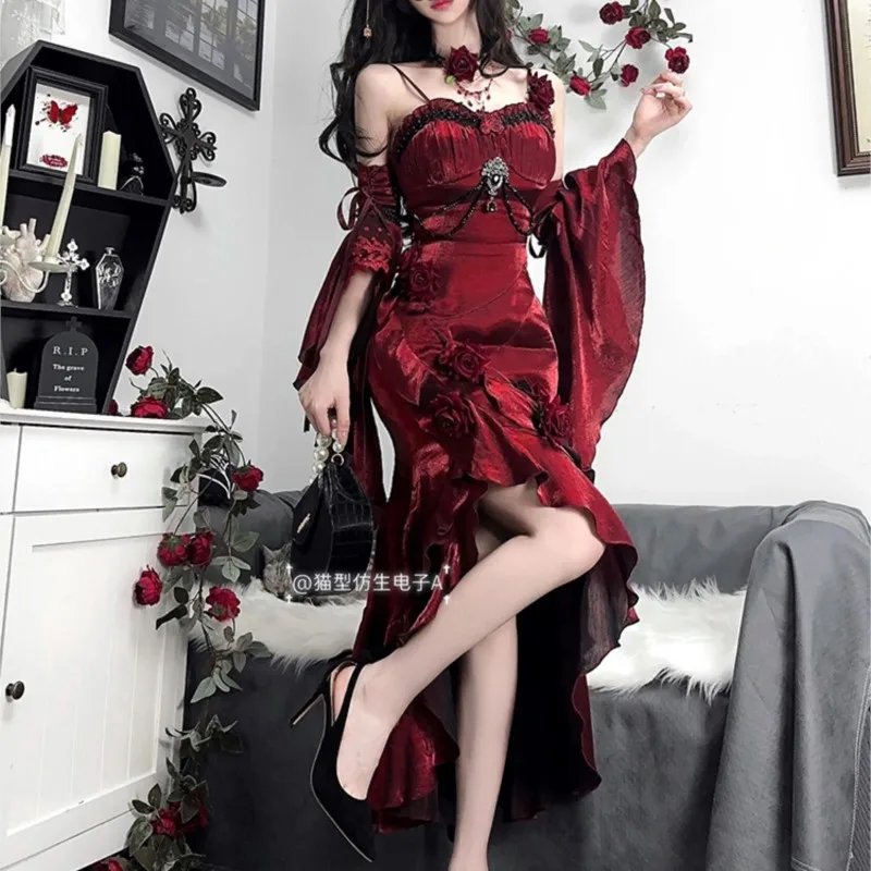 Red rose fish tail elegant royal sister dress