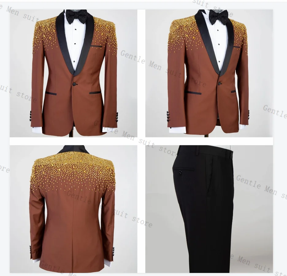 Cristalli di lusso Abito da uomo Set 2 pezzi Blazer + Pantaloni neri Pantaloni Autunno Smoking da sposa Giacca da ufficio formale Cappotto da ballo Personalizzato