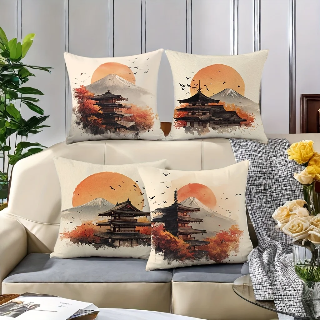 Fuji Mountain Ancient Buildings Single-sided printing Short plush Suitable living rooms bedrooms sofas (excluding pillow cores)
