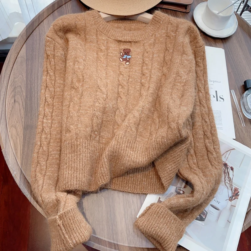 2024 New Fashion Khaki Embroidery  Sweater Winter Women's Cashmere Round Neck Knitted Jacket Loose Long Sleeves Women's Top