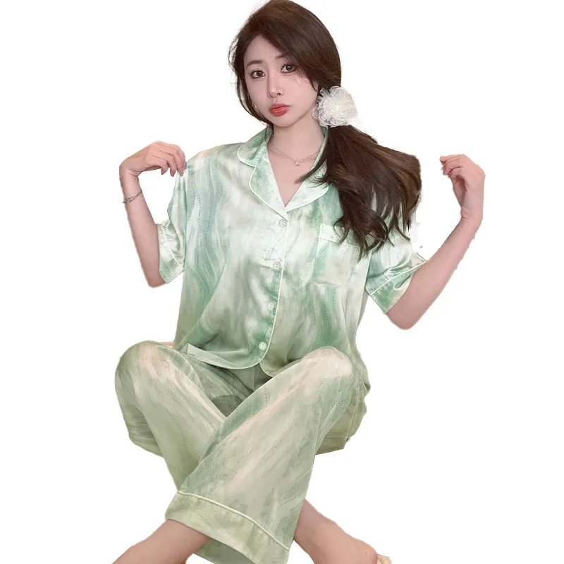 Women Casual Pajamas Sleepwear Faux Silk Satin Pajama Set Nightgowns Top & Pants Nightclothes 2 Pieces Set Loungewear Outfits